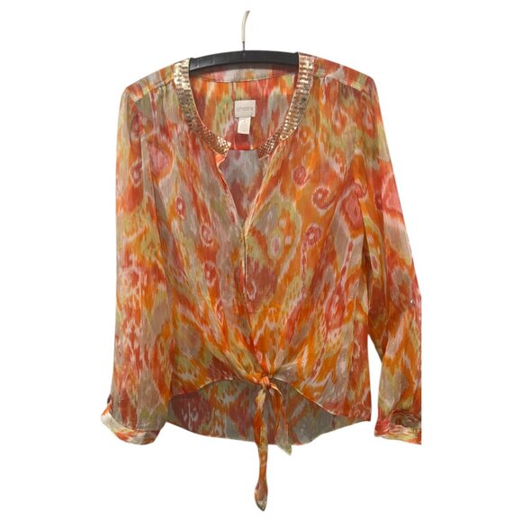 Chico’s Orange Sheer Tie-Front Blouse | Size M Embellished Button-Up Top - Picture 11 of 16
